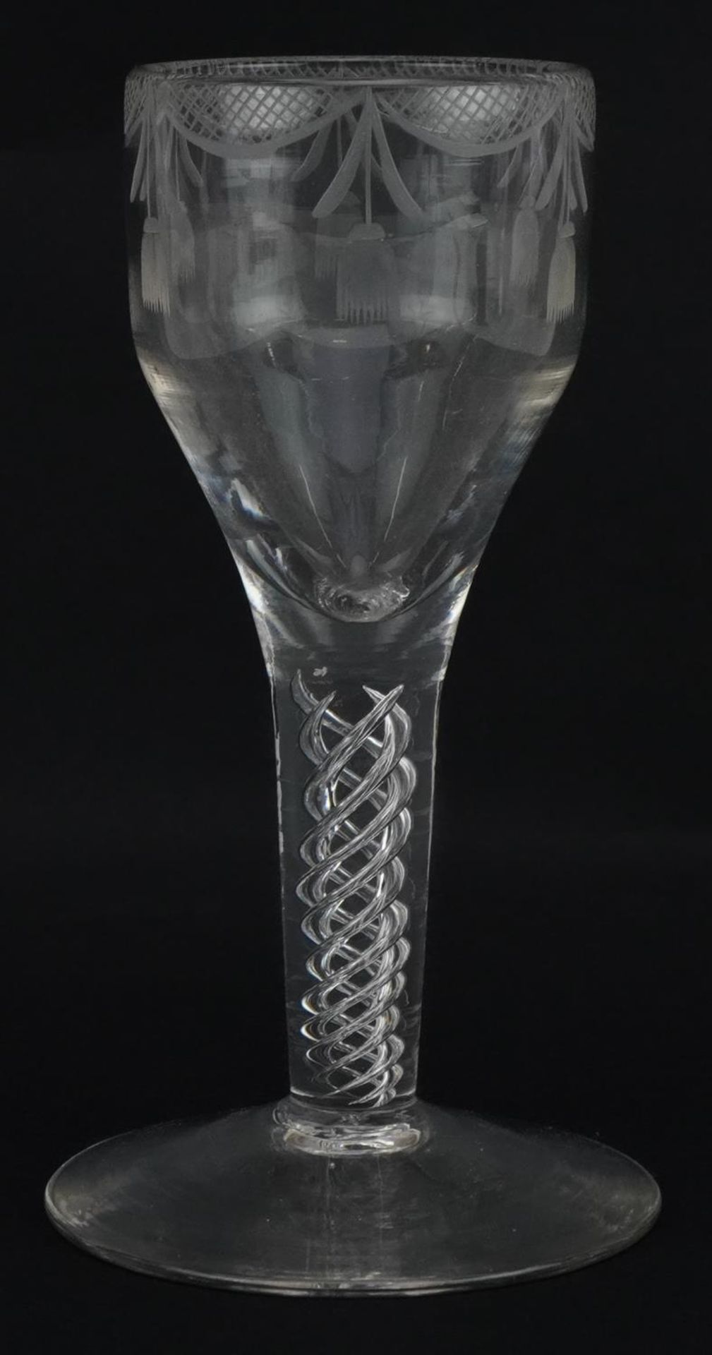 18th century wine glass with air twist stem and etched bowl, 15.5cm high : For further information - Image 2 of 4