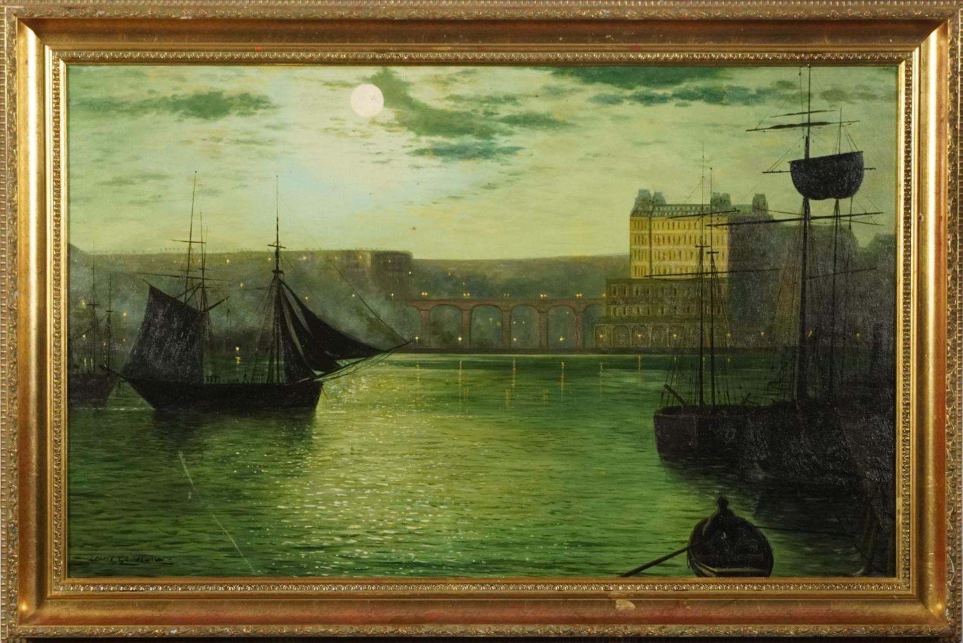 Moonlit harbour scene - 19th century oil on board, mounted and framed, 79cm x 49cm excluding the - Image 2 of 6