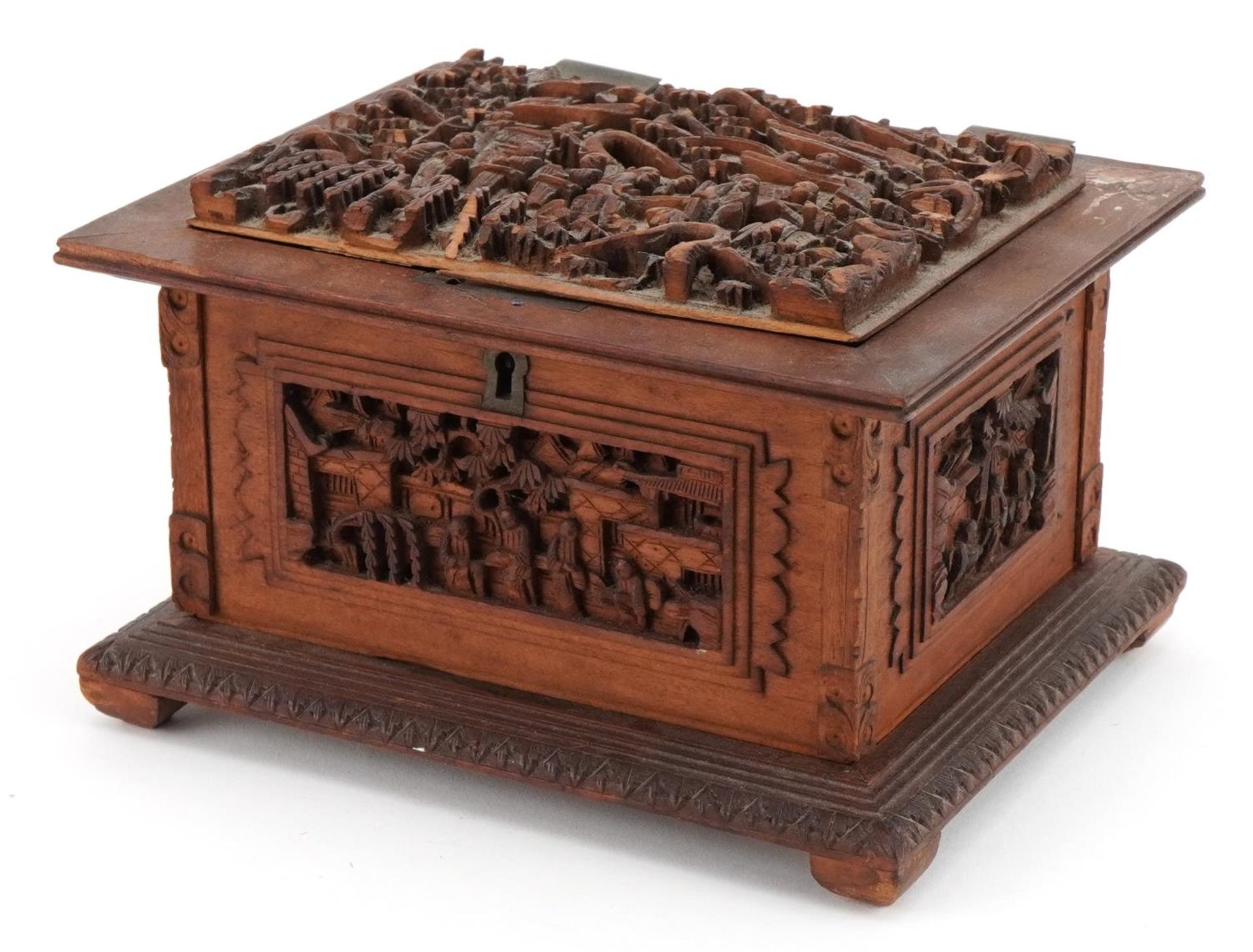 Chinese sandalwood casket for restoration profusely carved with figures amongst trees and pagodas,