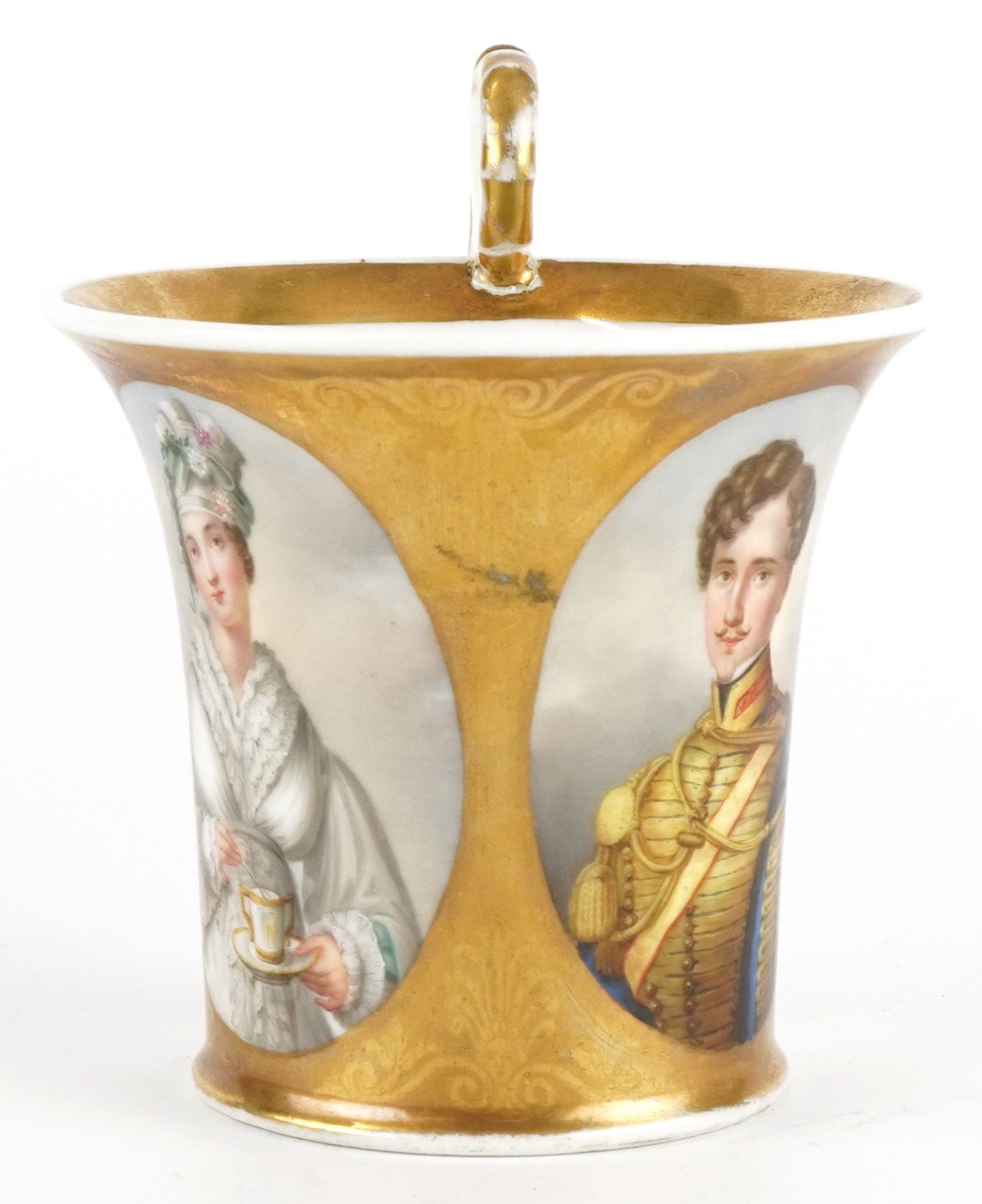 Early 19th century European porcelain cup hand painted with oval portraits of young Queen Victoria