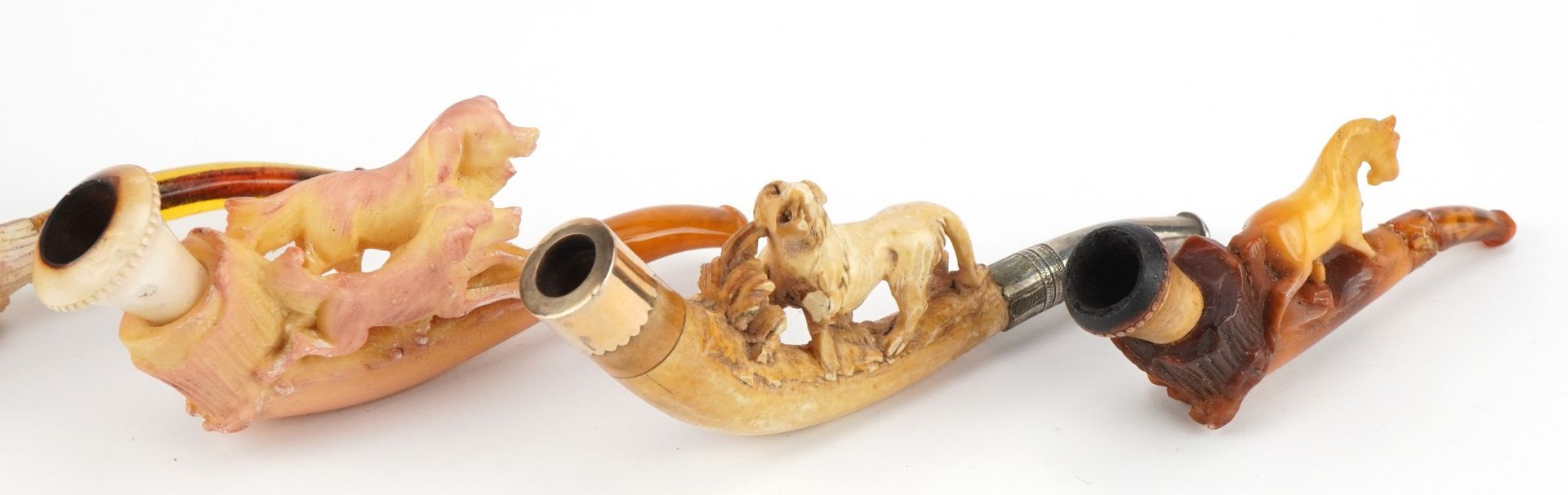 Five antique Meerschaum smoking pipes housed in fitted cases, each carved with animals, four with - Image 4 of 9
