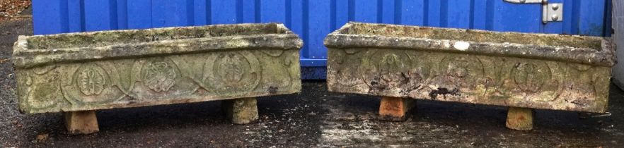Pair of rectangular garden stoneware planters decorated with stylised flower heads, each 25cm H x