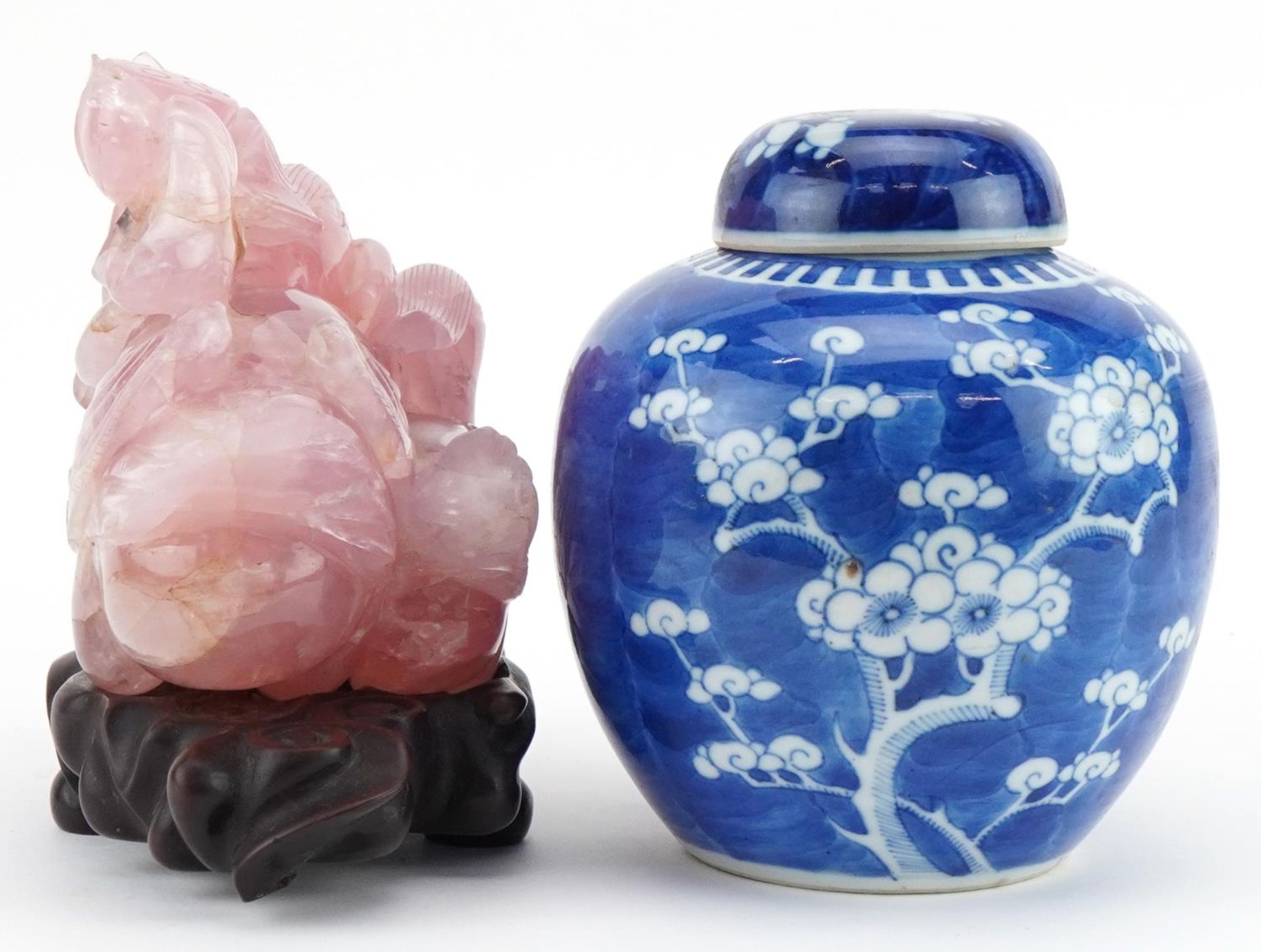 Chinese blue and white porcelain prunus pattern ginger jar and cover and a large pink jade/jadeite - Image 4 of 7