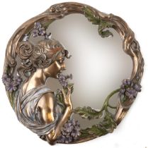 Art Nouveau style bronzed maiden design wall mirror, 49cm in diameter : For further information on
