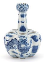 Chinese blue and white porcelain tulip vase hand painted with dragons chasing a flaming pearl