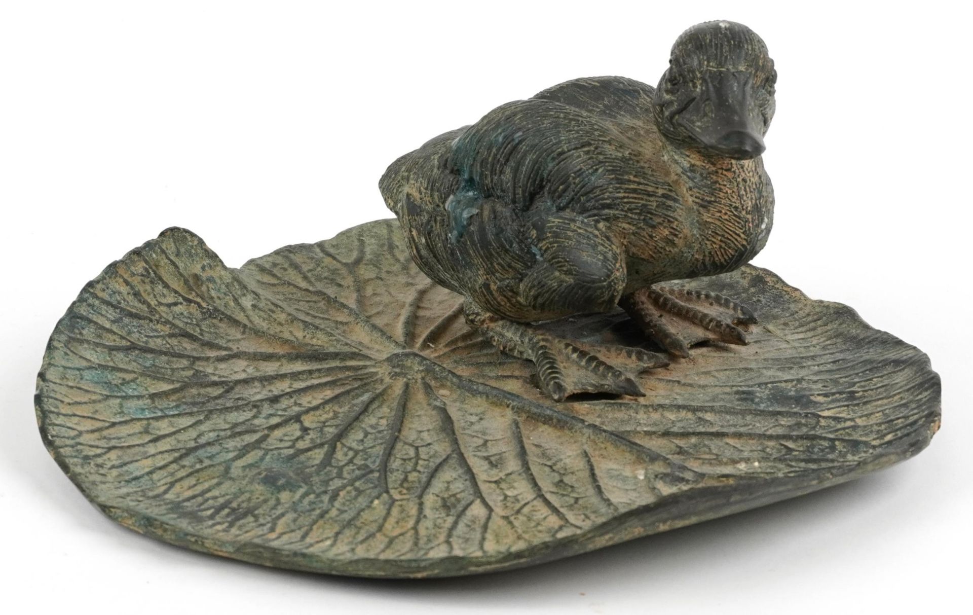 Verdigris patinated bronze sculpture of a duckling on lily pad, 23cm in length : For further