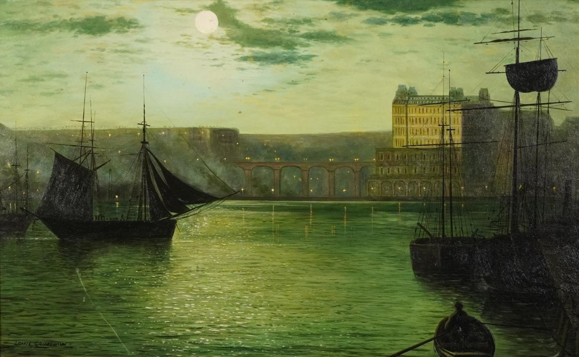 Moonlit harbour scene - 19th century oil on board, mounted and framed, 79cm x 49cm excluding the