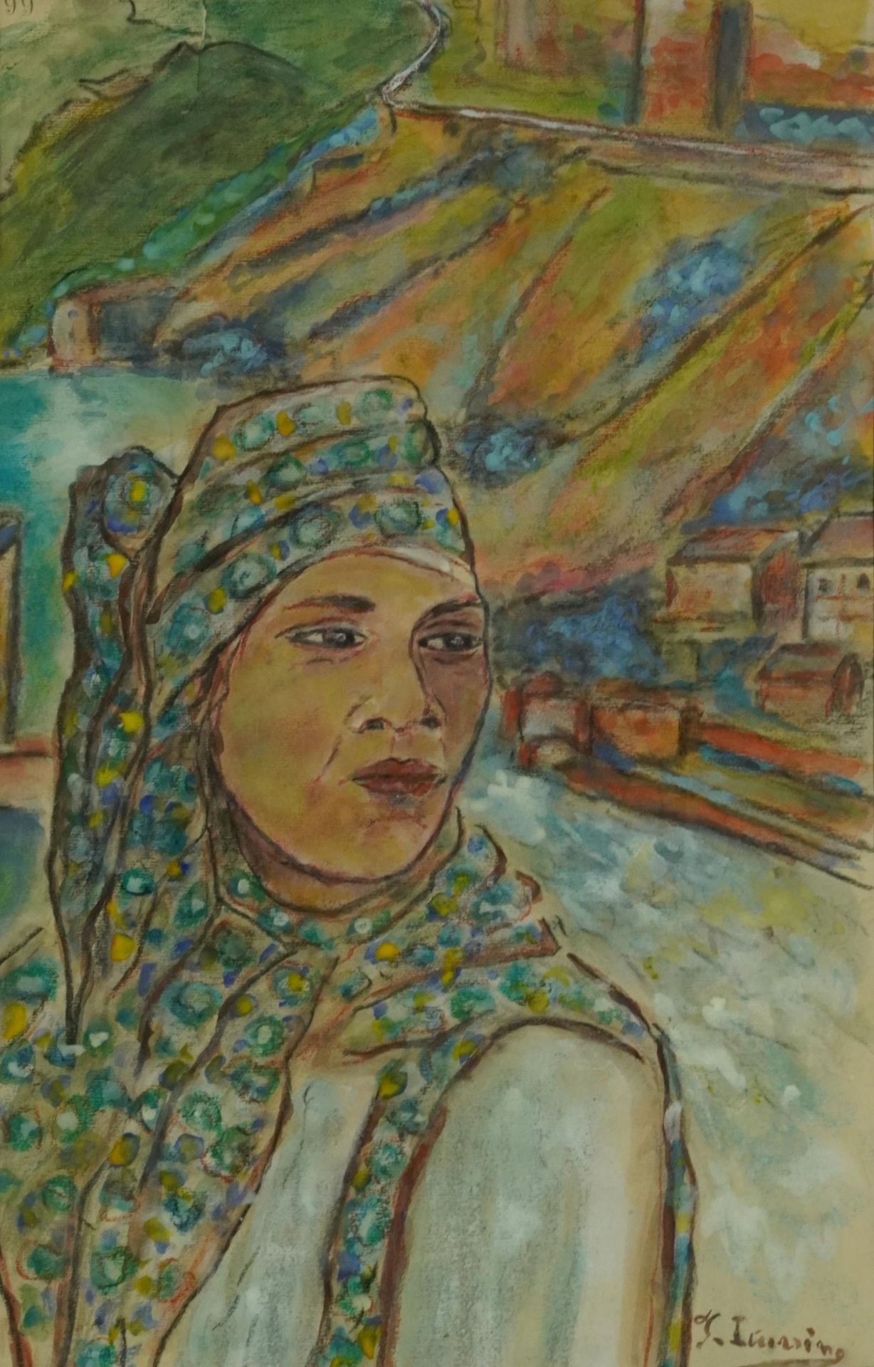 Top half portrait before a continental village, Spanish school watercolour, mounted, framed and
