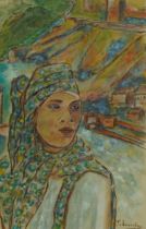Top half portrait before a continental village, Spanish school watercolour, mounted, framed and