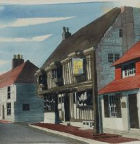 John Inwood - The Red Lion Alfriston, watercolour, mounted, framed and glazed, 20cm x 20cm excluding