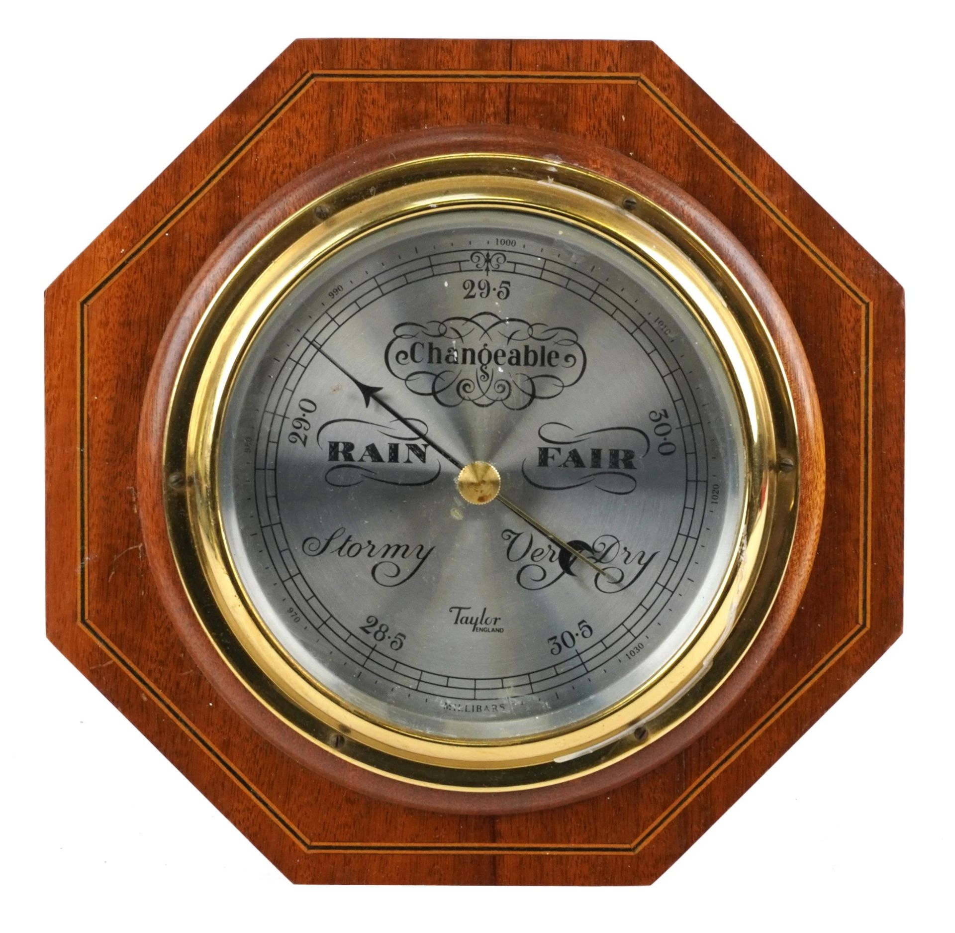 Hexagonal inlaid mahogany wall barometer by Taylor of England, 26cm in diameter : For further