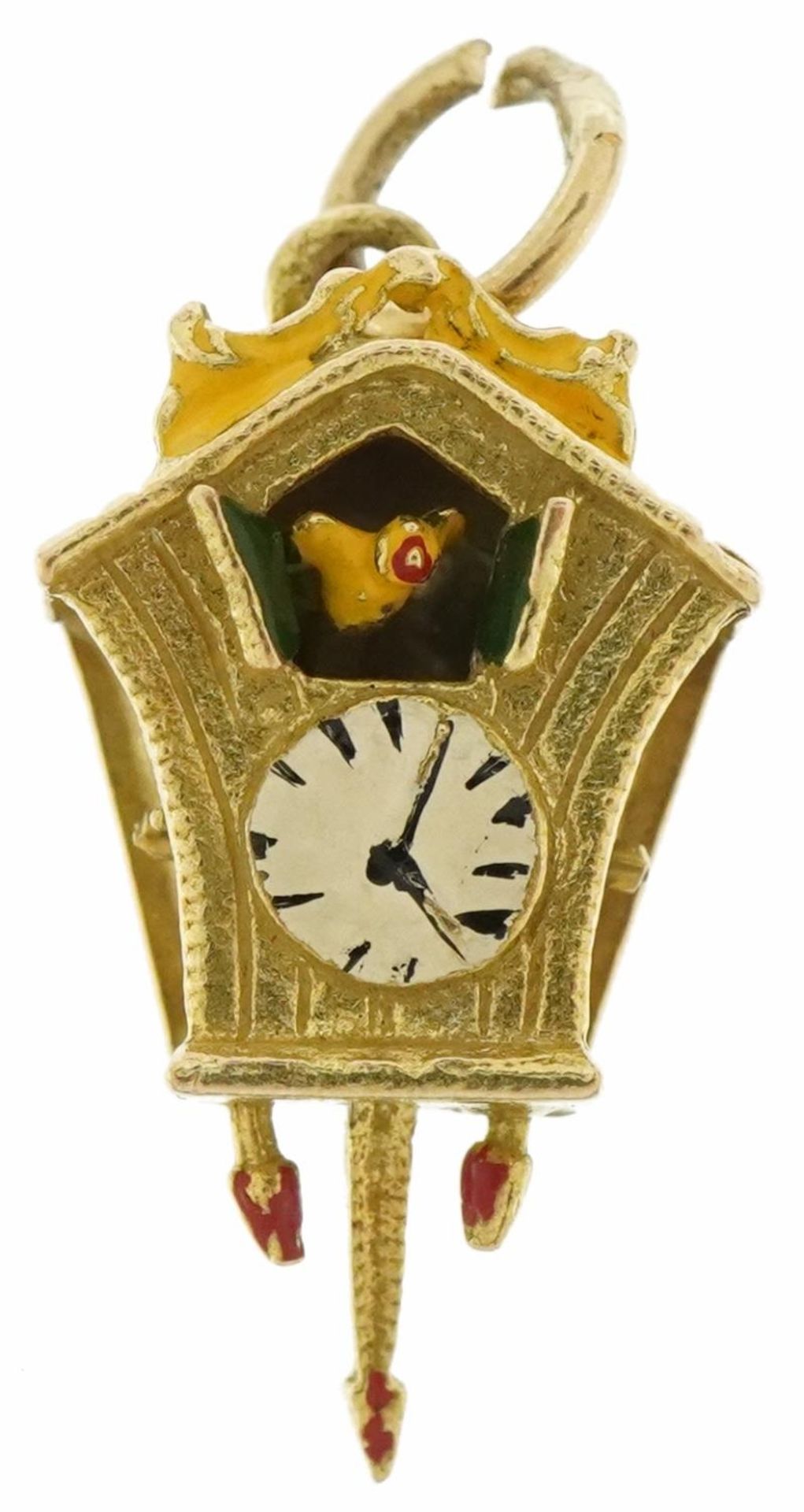 9ct gold and enamel cuckoo clock charm with moving pendulum and cuckoo, 2cm high, 2.0g : For further