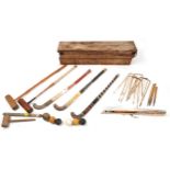 Vintage Jaques lawn croquet set housed in a pine case, the case 110.5cm wide : For further