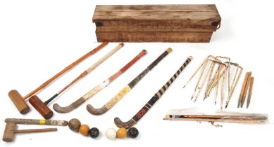 Vintage Jaques lawn croquet set housed in a pine case, the case 110.5cm wide : For further