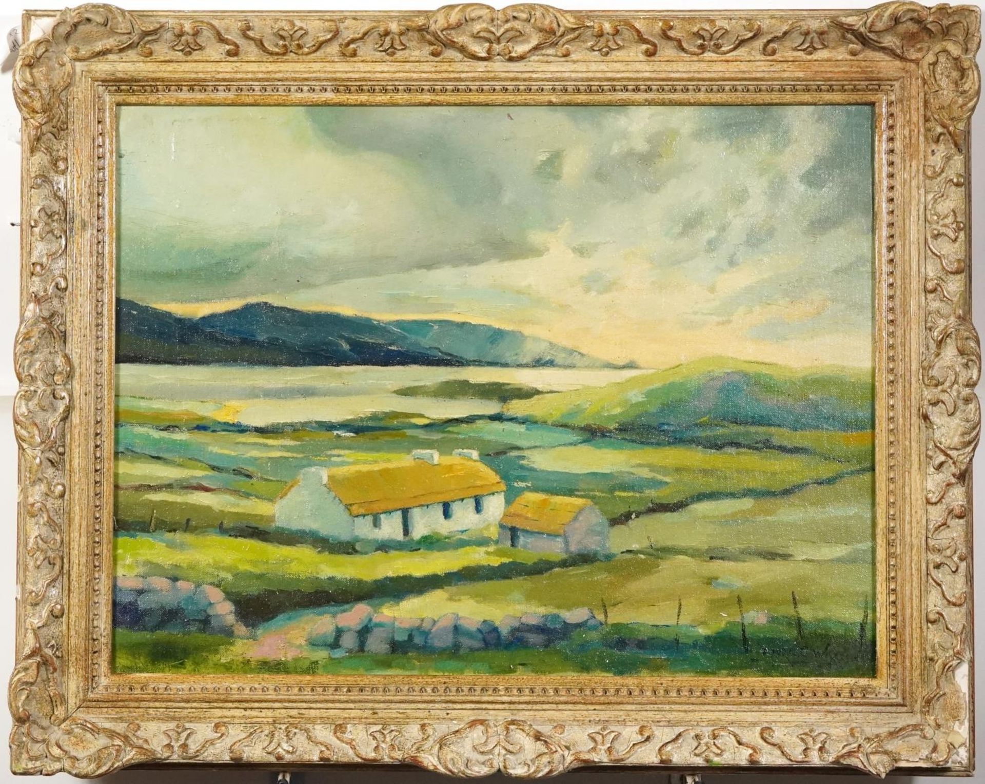 Manner of Maurice C Wilks - Landscape with cottages, Irish school oil on board, inscribed verso, - Image 2 of 6