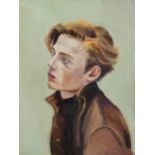 Clive Fredriksson - Top half portrait of young man wearing a brown coat, contemporary oil on