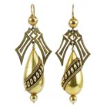 Pair of Victorian unmarked gold drop earrings, tests as 15ct gold, 5.5cm high, 8.7g : For further