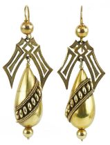 Pair of Victorian unmarked gold drop earrings, tests as 15ct gold, 5.5cm high, 8.7g : For further