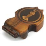 Italian Sorento ware olive wood folding pocket watch stand inlaid with a man holding a pipe, 10.