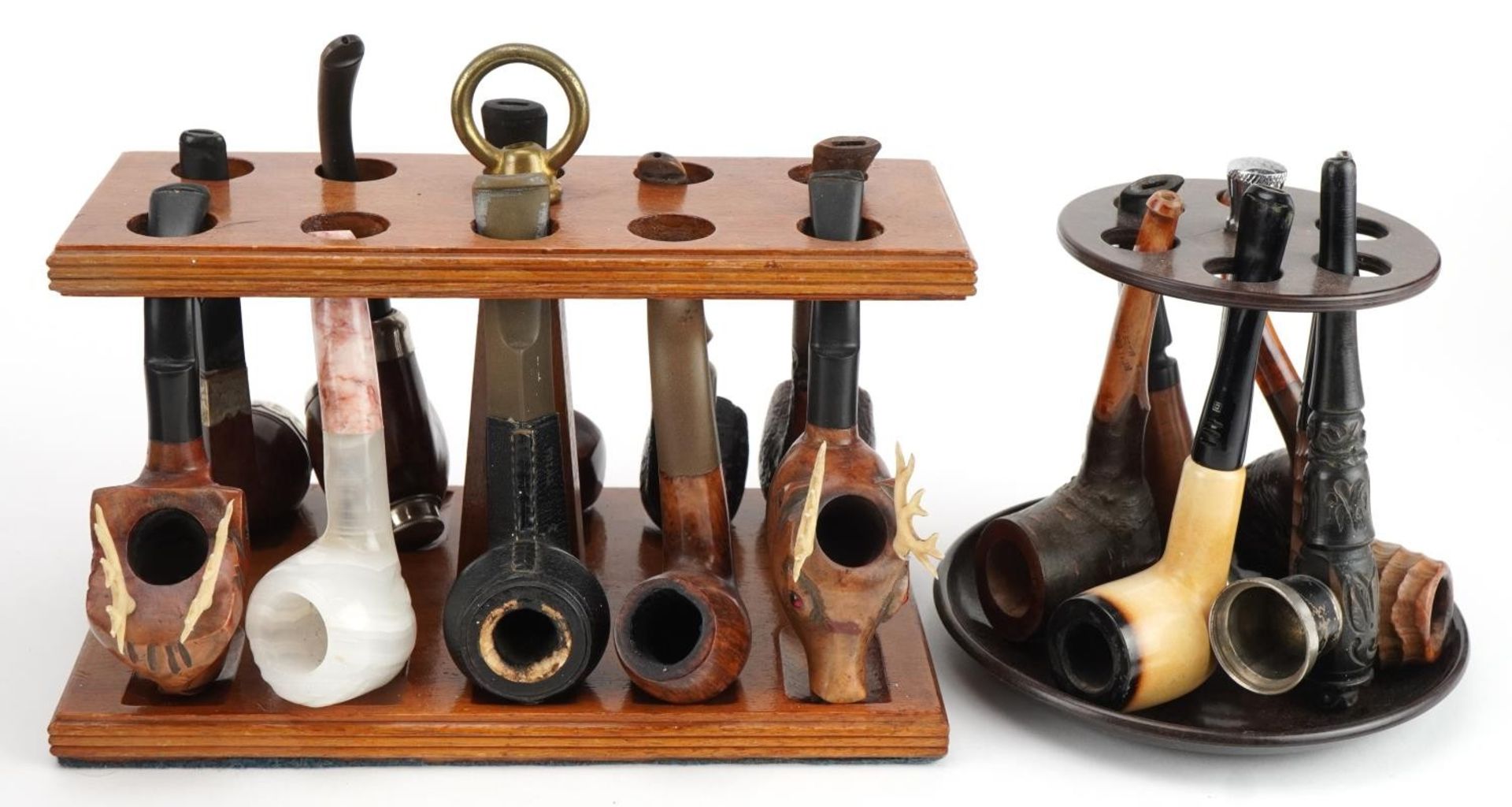 Twenty tobacco smoking pipes, some briar, arranged in three pipe racks including Dr Plumb and Kay - Image 4 of 11