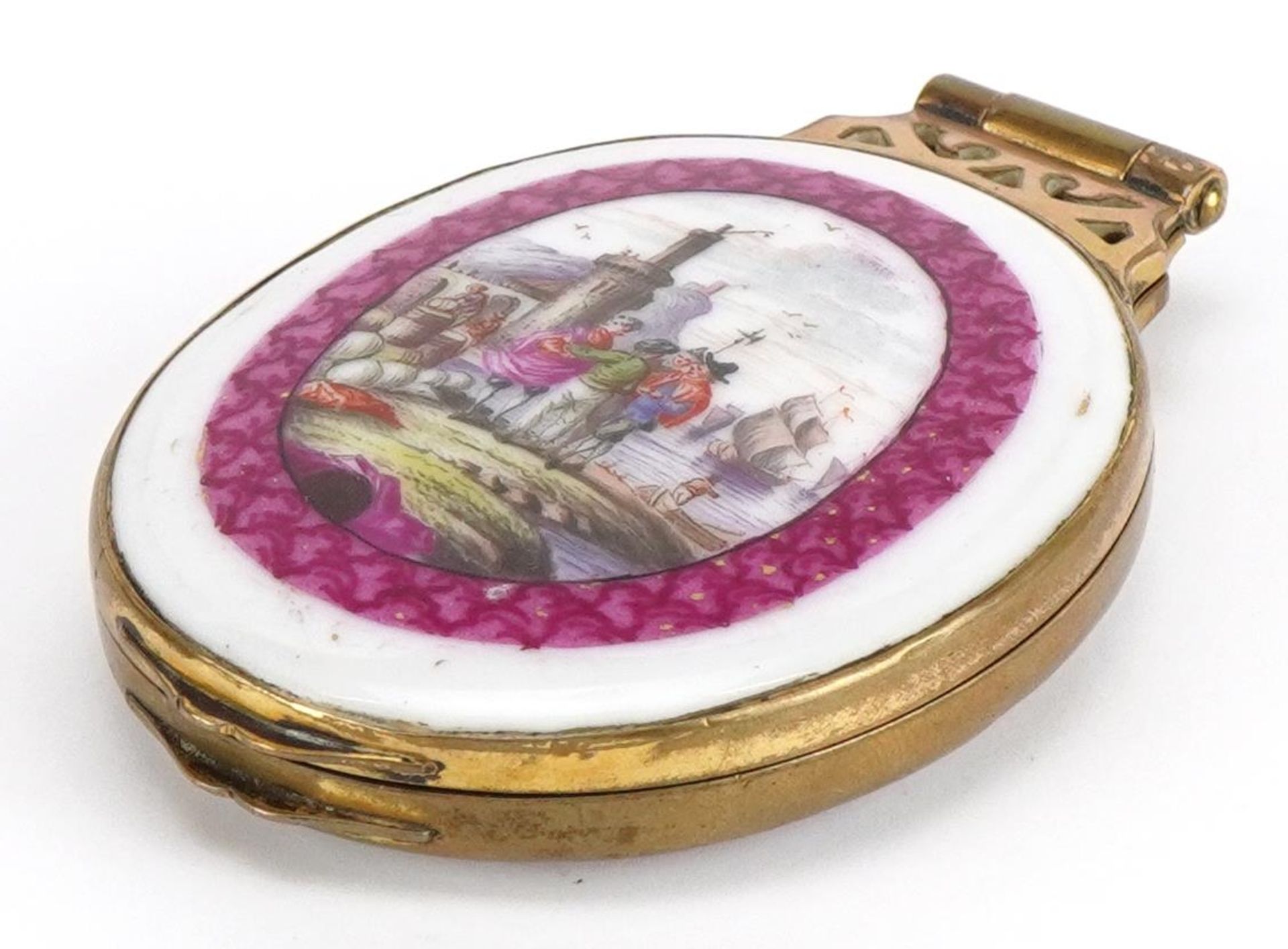19th century Continental brass locket with two porcelain panels hand painted with 18th century