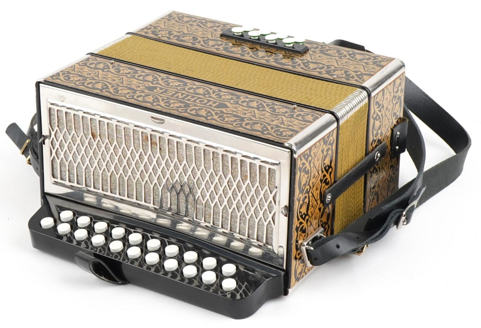 Hohner, German twenty nine button accordion with gilt foliate decoration : For further information