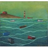 Berrak Iscan - Boats on calm water with lighthouse, Turkish oil on canvas, stamped verso,