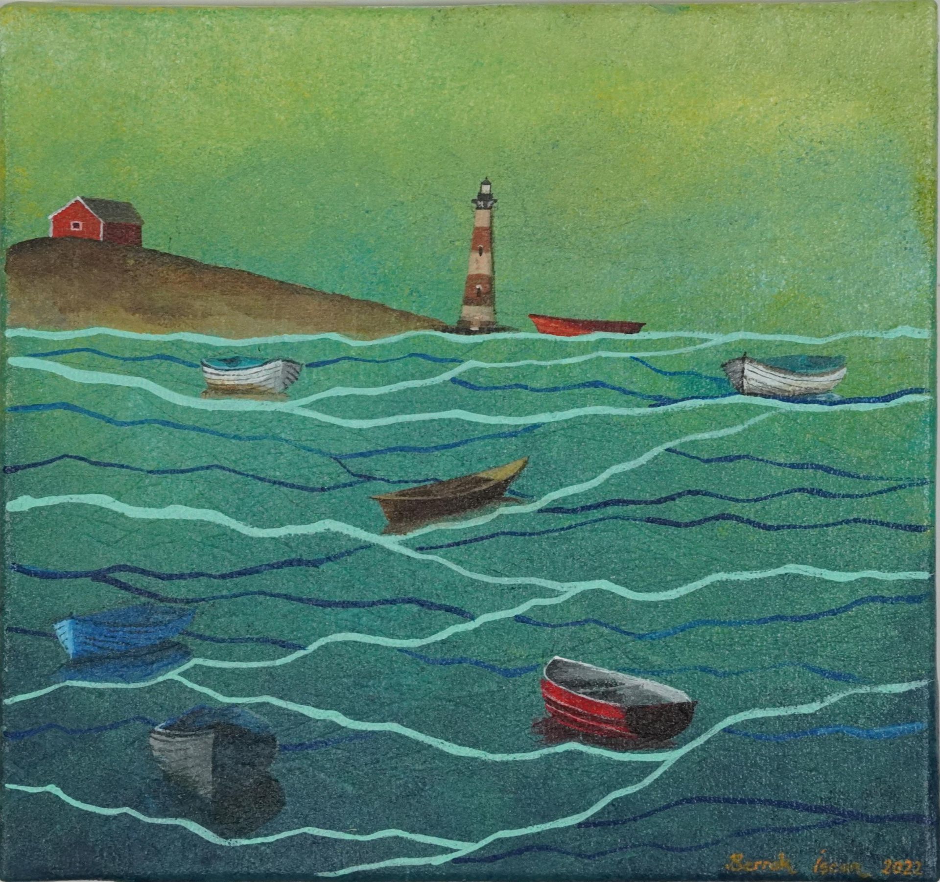 Berrak Iscan - Boats on calm water with lighthouse, Turkish oil on canvas, stamped verso,