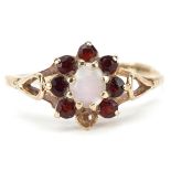 9ct gold opal and garnet cluster ring, size O, 1.4g : For further information on this lot please