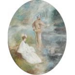 Gentlemen fishing with and admirer, French Impressionist oval oil on board, framed, 49.5cm x 39cm