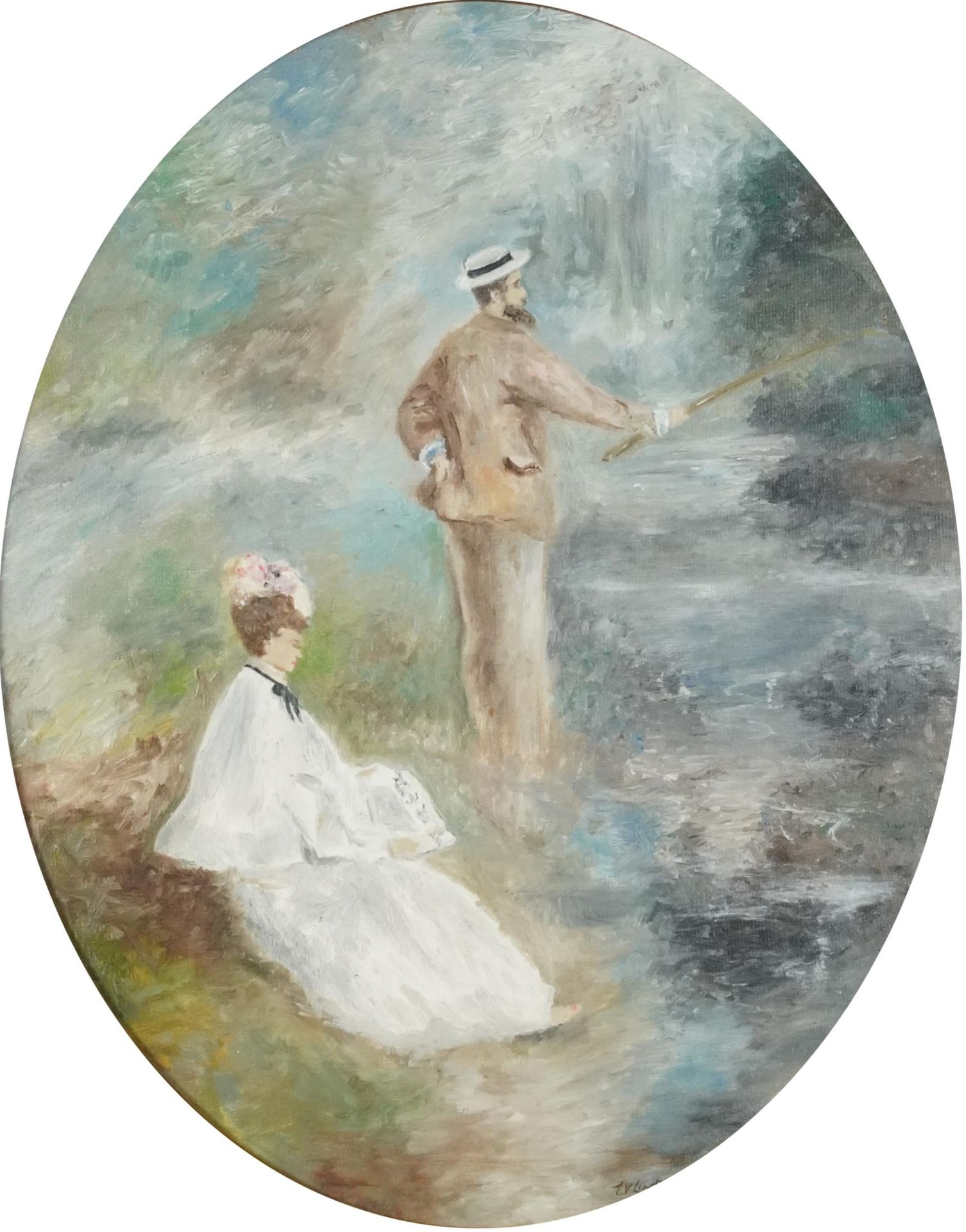 Gentlemen fishing with and admirer, French Impressionist oval oil on board, framed, 49.5cm x 39cm