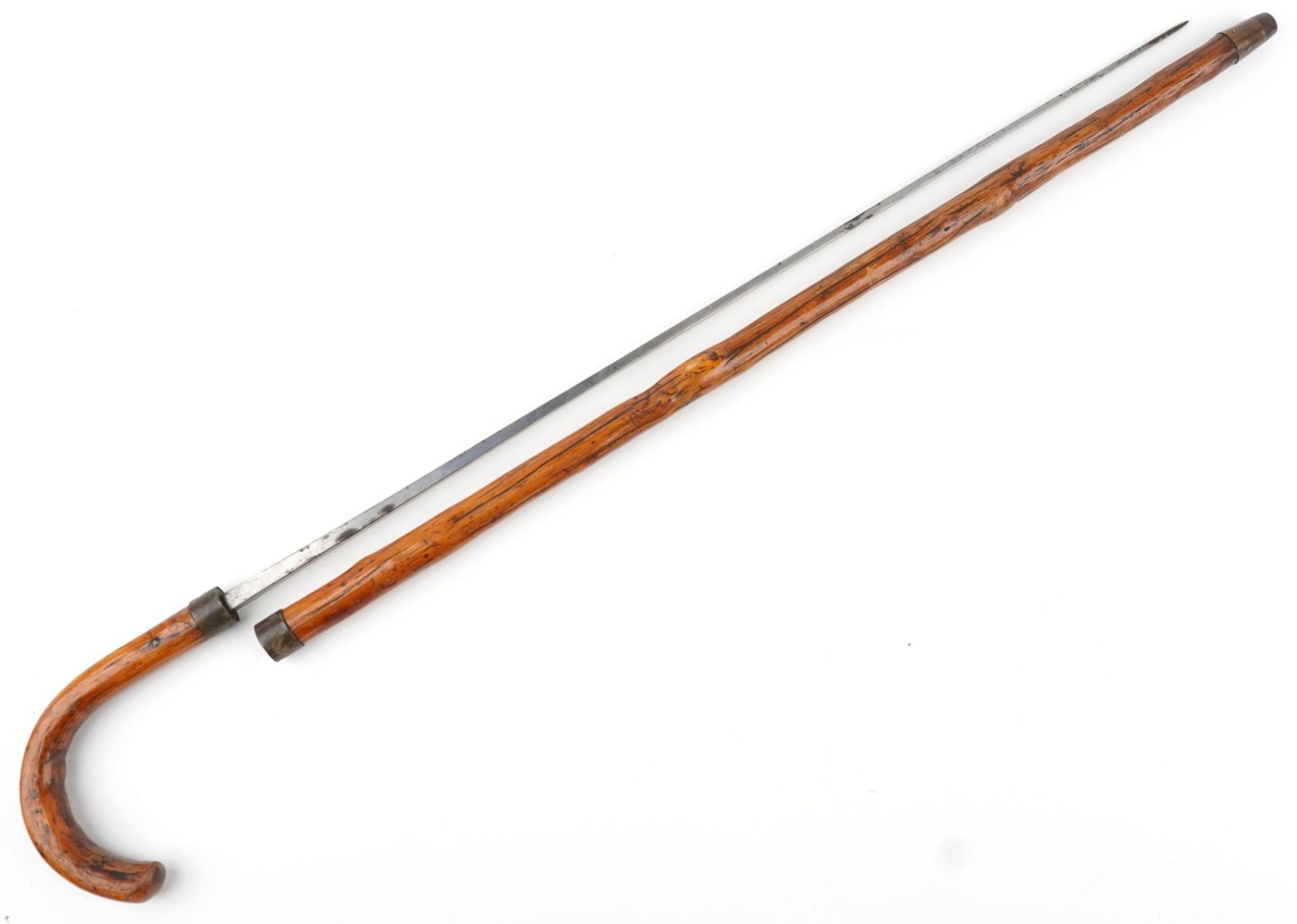 Robert Mole & Sons of Birmingham, Victorian gnarled wood walking swordstick with brass mounts and - Image 3 of 4