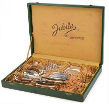 Polish six place canteen of silver cutlery, the canteen inscribed Jubiler, 40cm wide, weighable