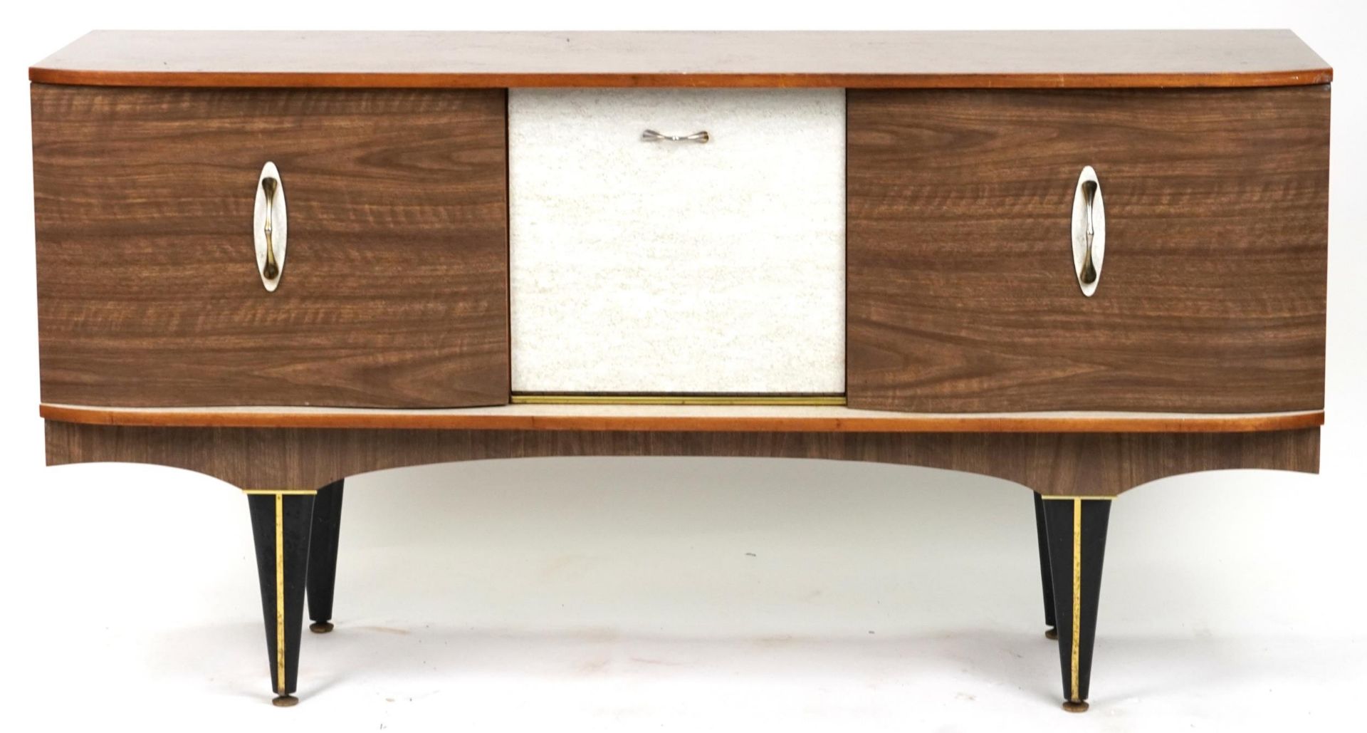 1960s Formica sideboard fitted with three doors, on tapering ebonised legs, 78cm H x 150.5cm W x - Bild 2 aus 4