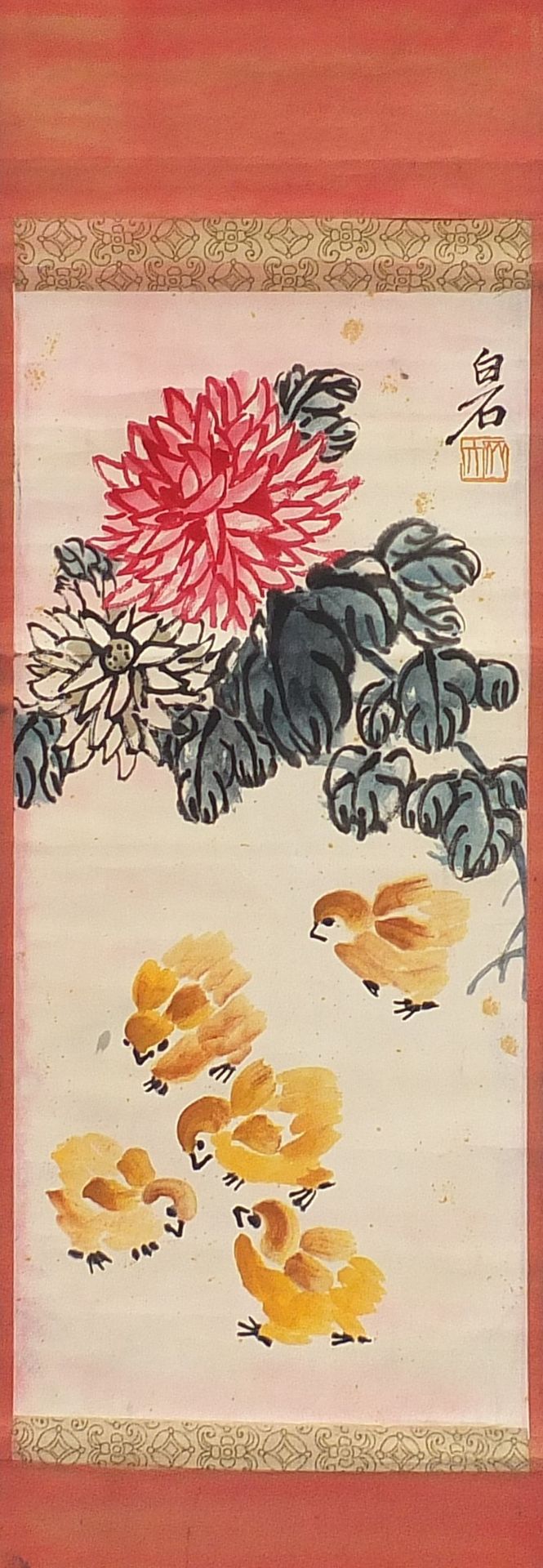 Attributed to Qi Baishi - Chrysanthemums and chicks, Chinese ink and watercolour walll hanging