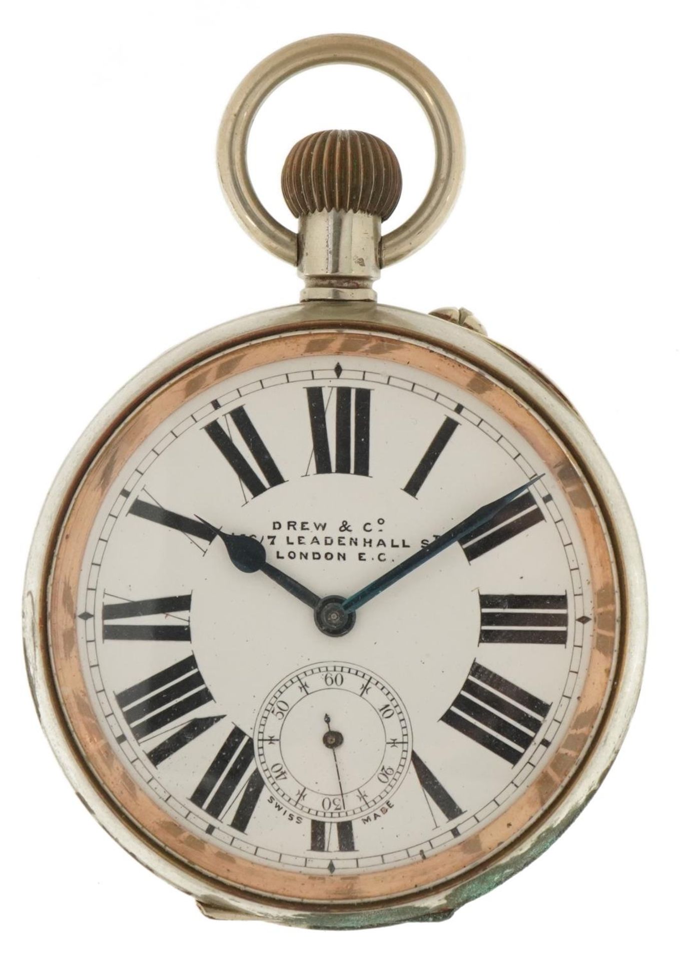 Drew & Co, white metal Goliath pocket watch, the enamelled dial having Roman numerals, 67mm in