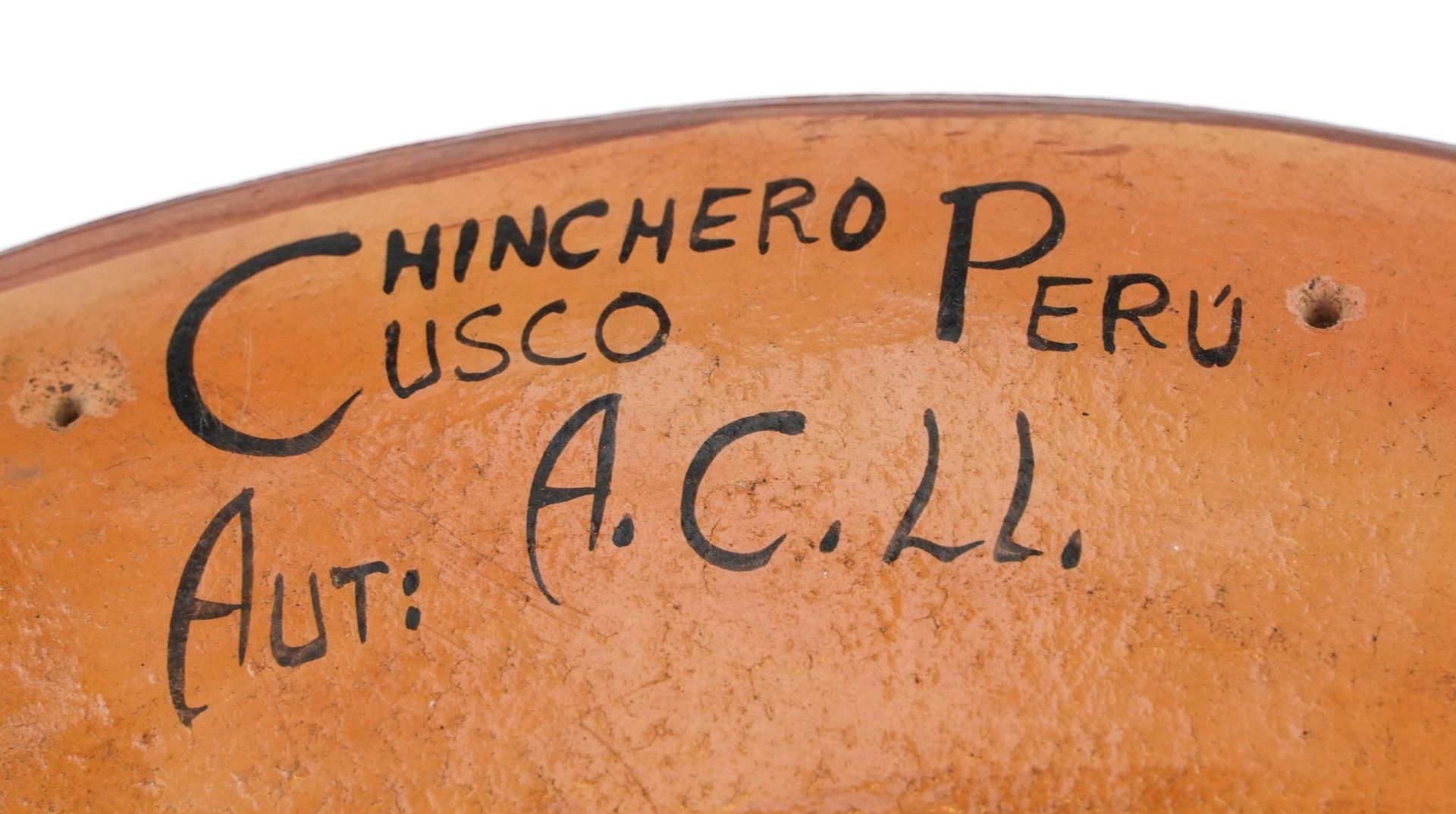 Peruvian terracotta charger hand painted with mythical figures and animals, inscribed Chinchero - Image 3 of 3