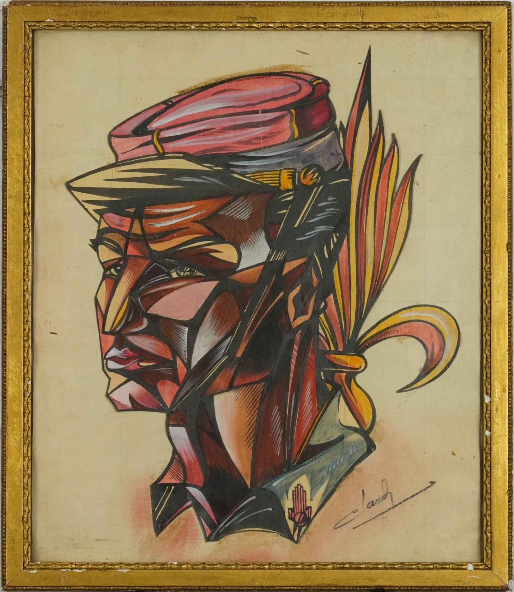 Portrait of a man, Cubist school watercolour on paper, framed and glazed, 35cm x 30cm excluding - Bild 2 aus 4