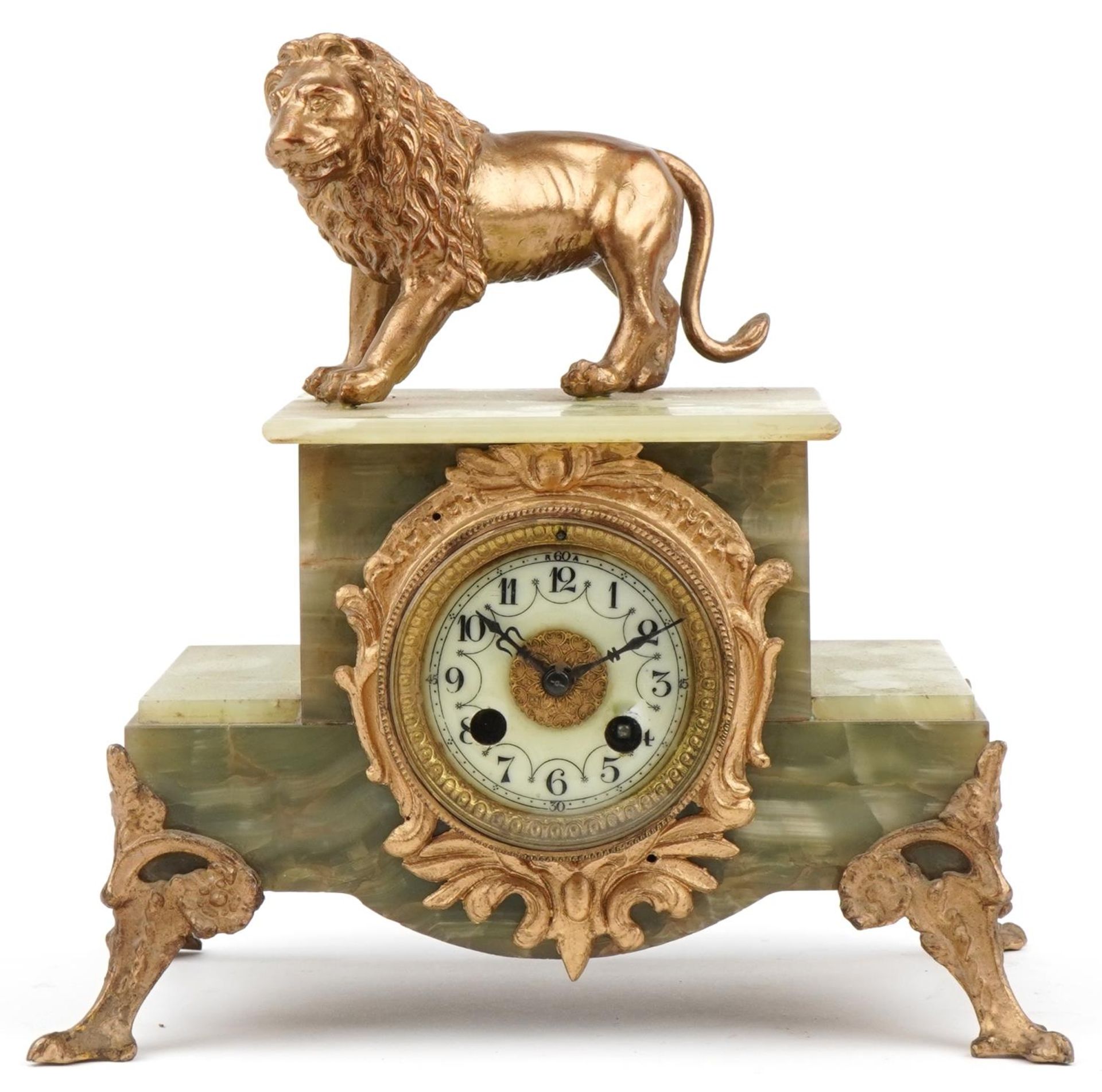 Japy Freres, French 19th century style onyx and gilt metal mantle clock surmounted with a lion, - Bild 2 aus 4