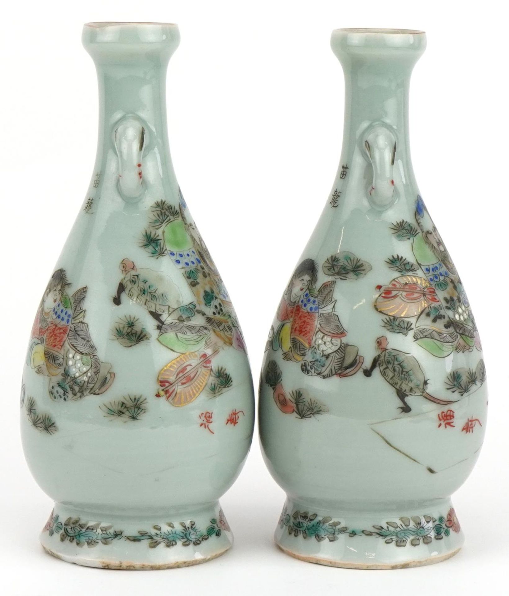 Pair of Japanese porcelain vases hand painted with a father and children, signed with calligraphy - Image 4 of 7