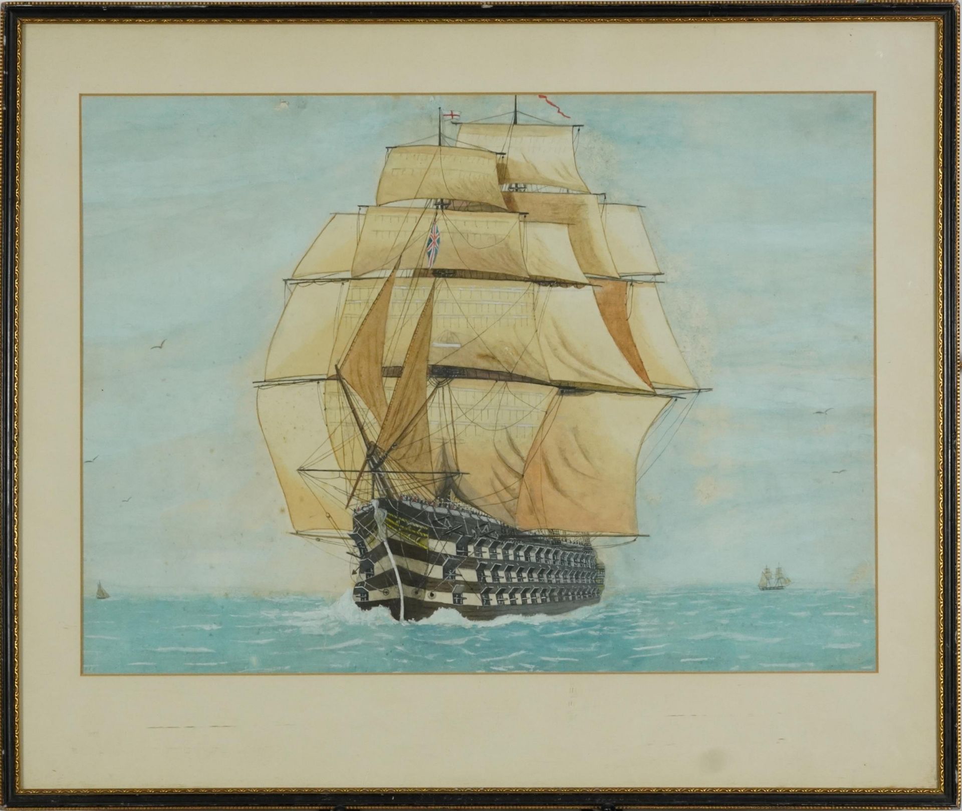 HMS Victory, naval interest heightened watercolour, mounted, framed and glazed, 46.5cm x 34cm - Bild 2 aus 3