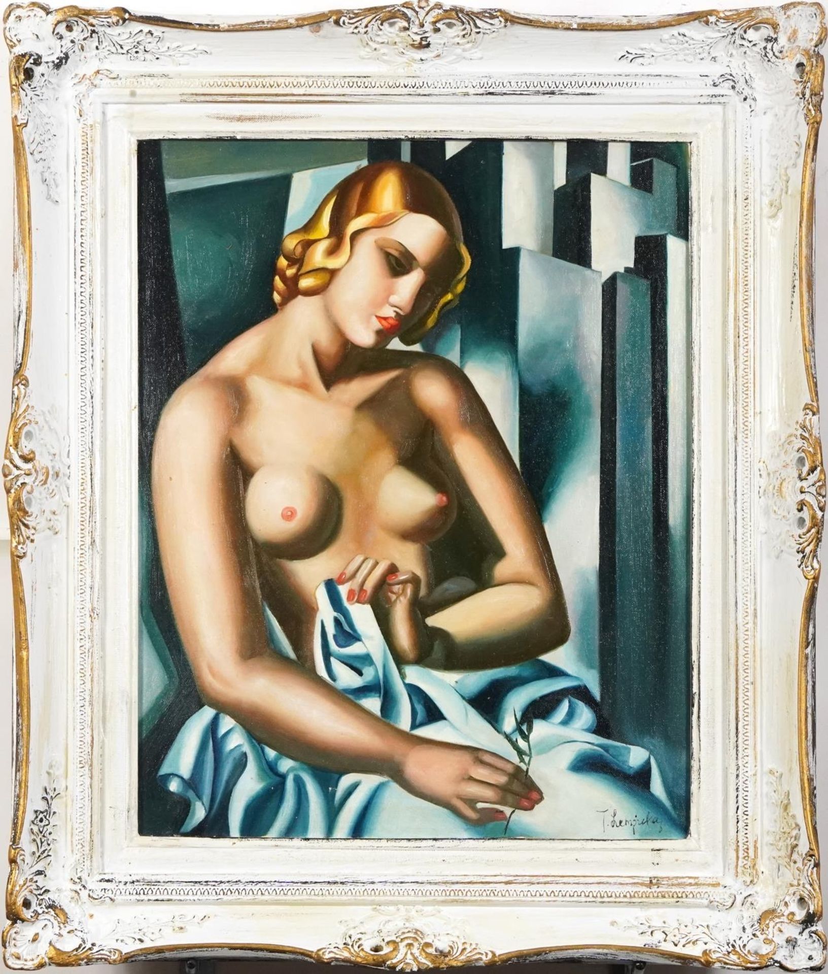 Manner of Tamara de Lempicka - Portrait of a semi nude Art Deco female, Polish school oil on - Image 2 of 5