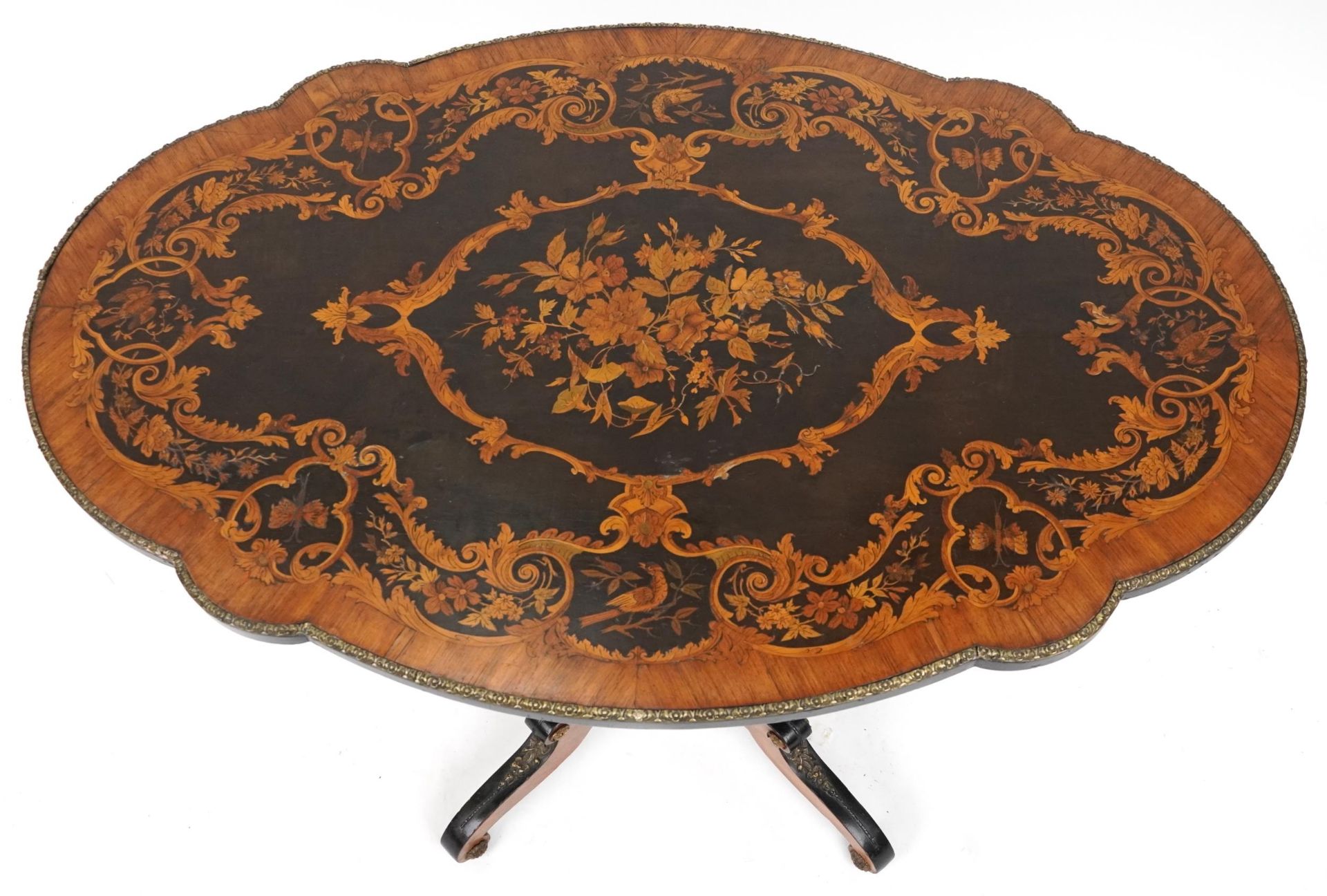 19th century continental kingwood, ebony and marquetry inlaid tilt top centre table with shaped - Image 5 of 9