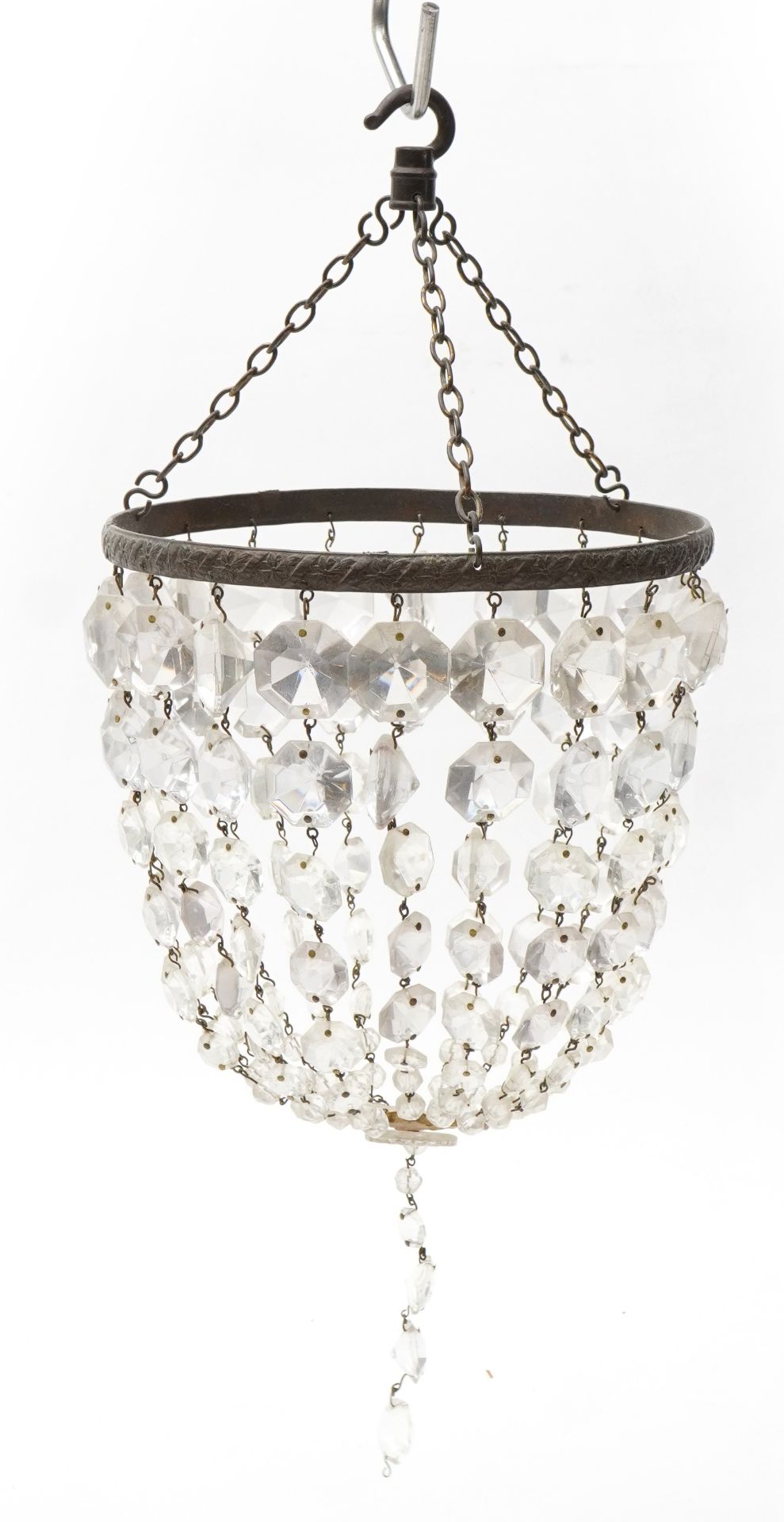 Two brass bag chandeliers with cut glass drops, the largest 26cm in diameter : For further - Image 4 of 6