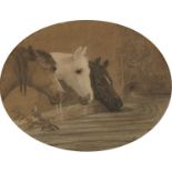 After John Herring - Study of three horses drinking from a fountain, 19th century oval pencil and