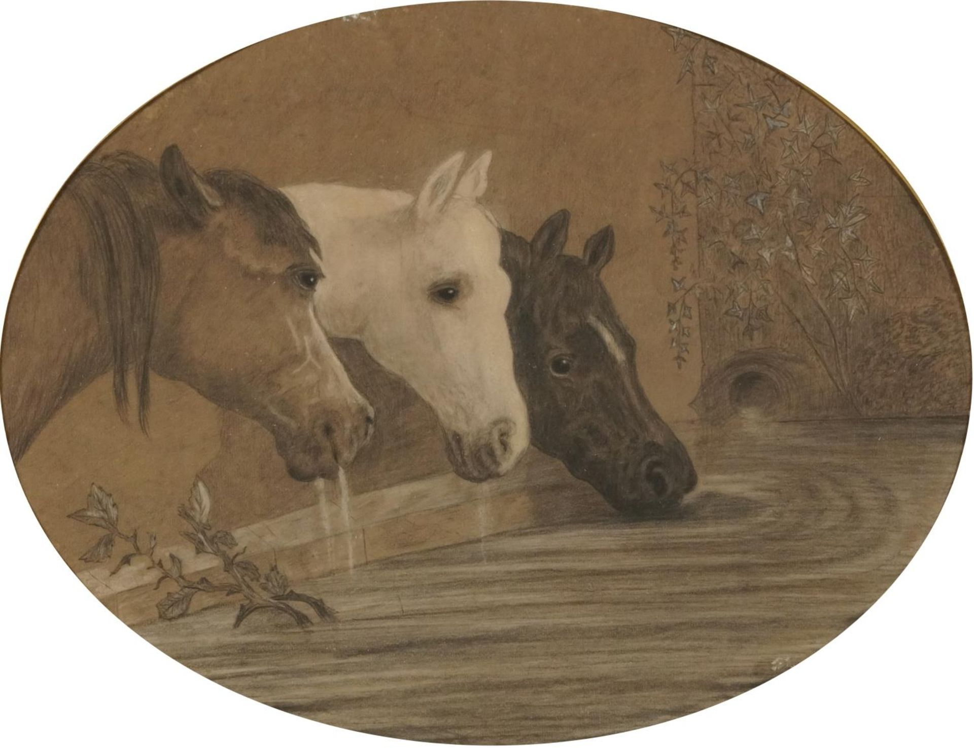 After John Herring - Study of three horses drinking from a fountain, 19th century oval pencil and