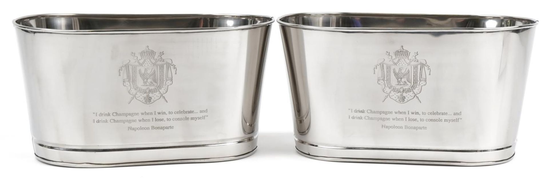 Pair of Champagne ice buckets with Napoleon Bonaparte mottos, each 18cm H x 34cm W x 20.5cm D :