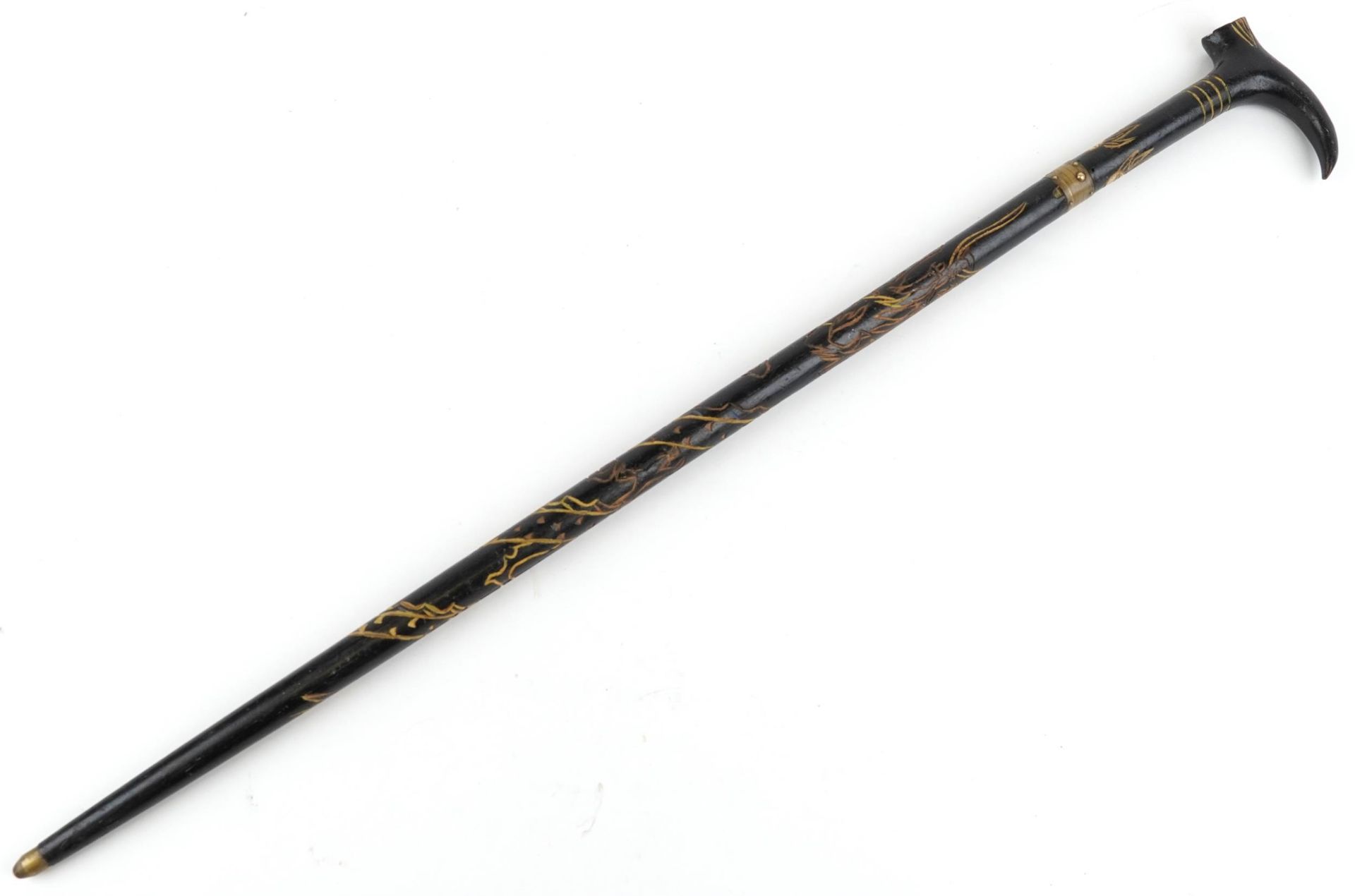 Chinese ebonised walking swordstick carved with a dragon chasing the flaming pearl, 96cm in length : - Bild 4 aus 4