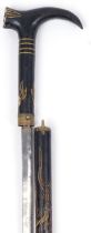 Chinese ebonised walking swordstick carved with a dragon chasing the flaming pearl, 96cm in length :