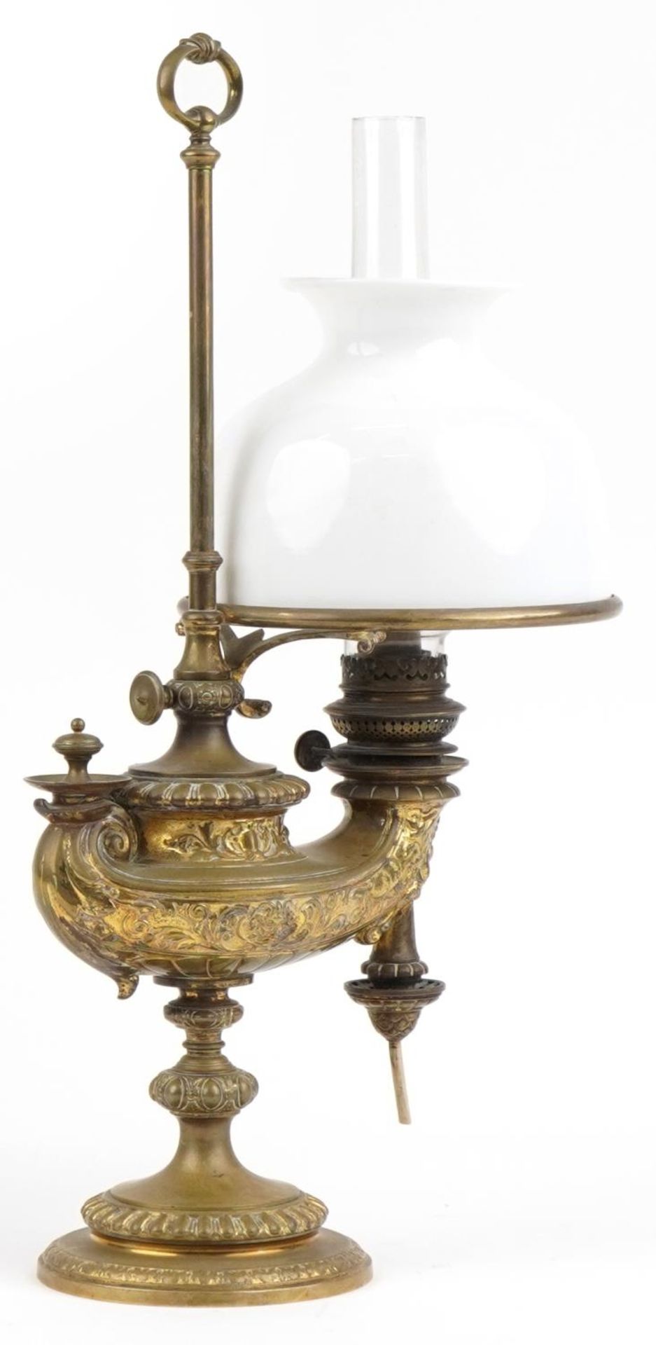 Wild & Wessel of Berlin, 19th century German adjustable brass studen oil lamp with white opaque - Image 3 of 5